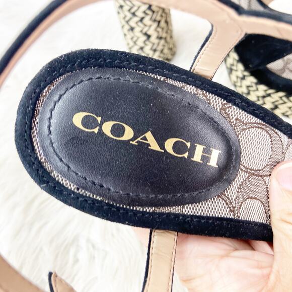 Coach 9.5 Women Black Suede Ankle Strap Block Heel Raffia Platform Talina Sandal - Picture 10 of 13
